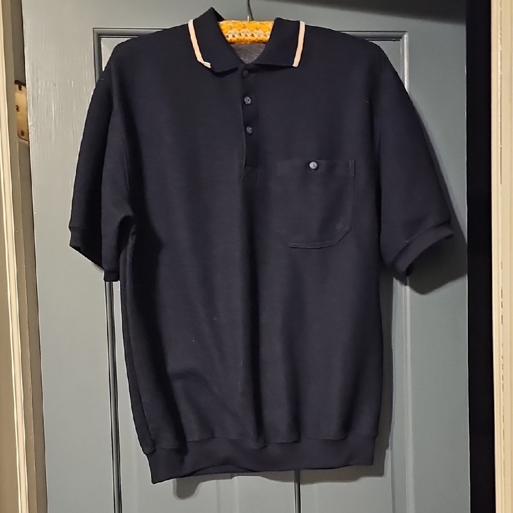 VINTAGE KNIGHTSBRIDGE Navy Polo Shirt Contrast Collar Medium Elastic Waist 80s
